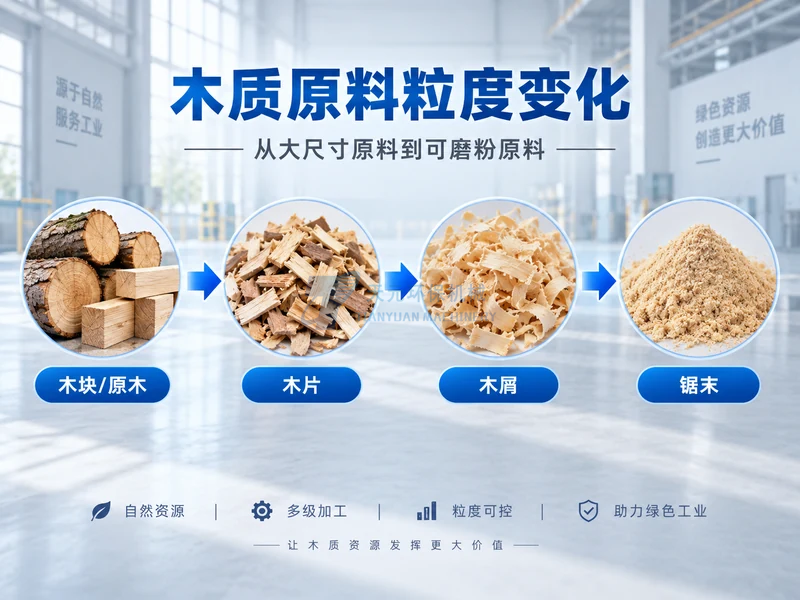 木质原料切片粉碎烘干磨粉的典型加工流程示意