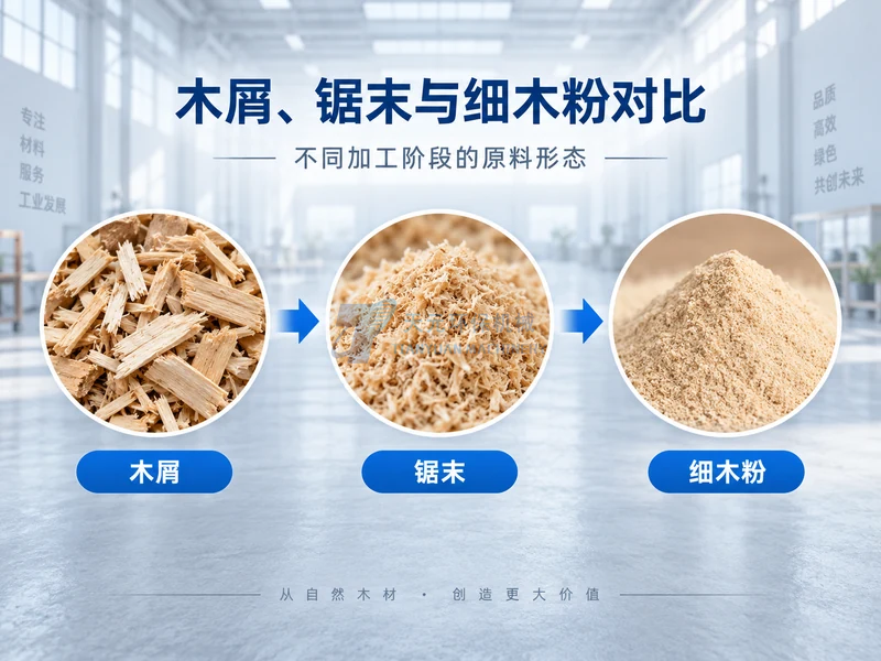 木屑锯末与细木粉不同加工阶段的形态对比