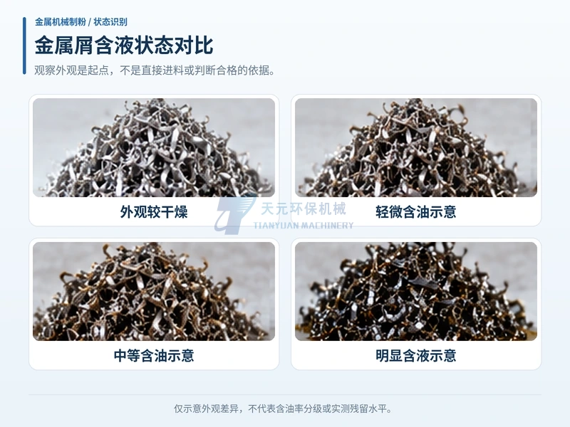 干燥轻微含油中等含油和明显含液金属屑的原料状态对比