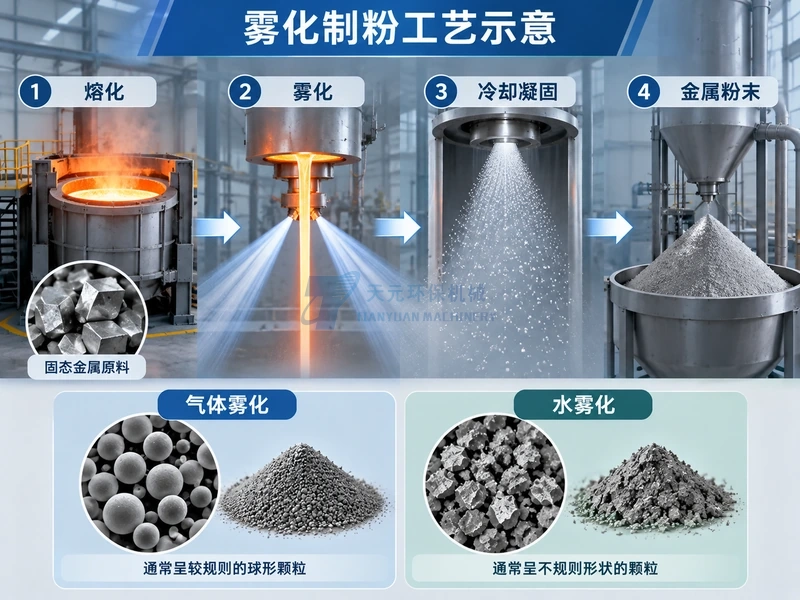 金属经过熔化雾化冷却凝固形成金属粉末以及气雾化和水雾化颗粒形貌差异示意