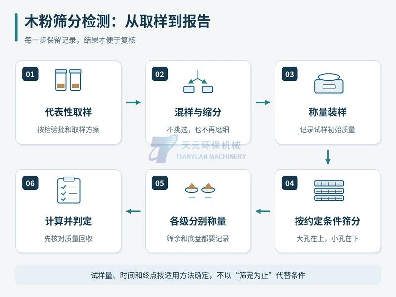 木粉筛分检测从代表性取样、混样缩分、称量装样到筛分、各级称量和计算判定的流程