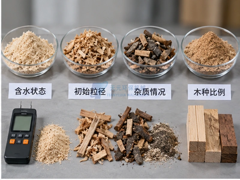 不同木种锯末混合前检查含水状态初始粒径杂质和木种比例的示意