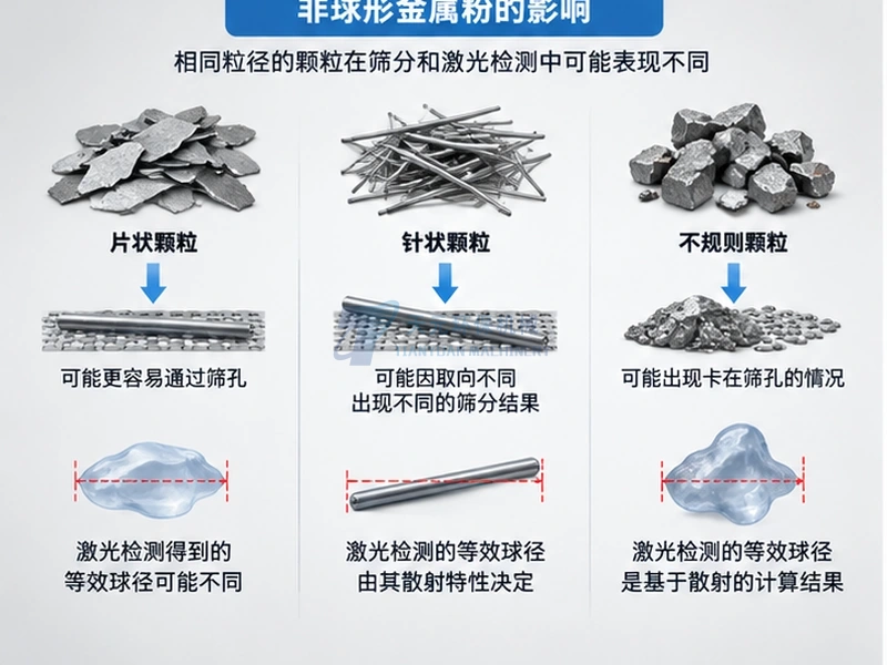 片状针状和不规则金属粉在筛分与激光粒度检测中可能得到不同等效结果的示意