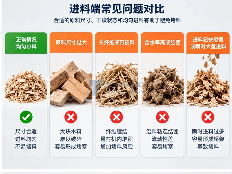 均匀干燥小料与尺寸过大长纤维高湿结团和瞬时过量进料的堵料风险对比示意