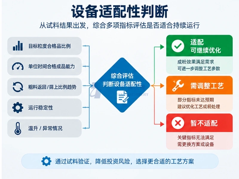 根据目标粒度合格品能力粗料回料运行稳定性和温升综合判断金属磨粉机适配性的示意