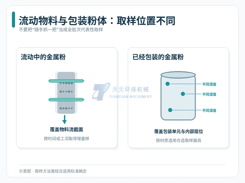 连续流动中的金属粉与包装容器内粉体应采用不同取样点位方案的示意