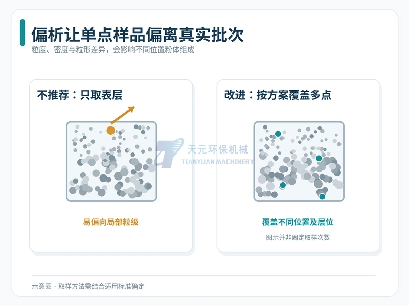单取金属粉表层与覆盖不同层位的取样方式对偏析影响的概念对比