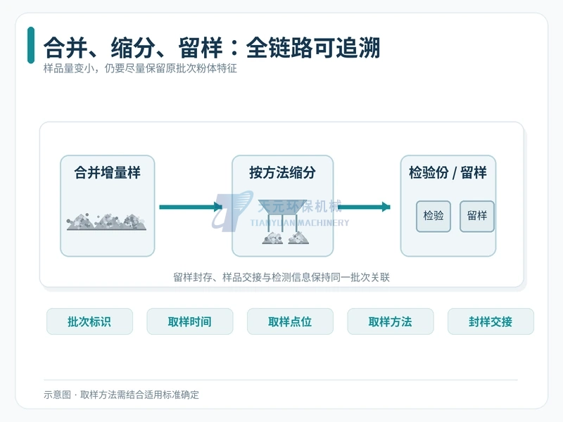 金属粉增量合并、适用方法缩分、检验留样和批次信息追溯的示意