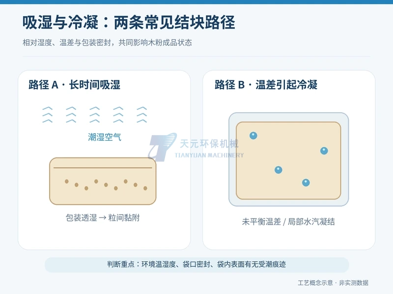 木粉成品在包装透湿和温差冷凝两种路径下出现颗粒黏附的概念示意
