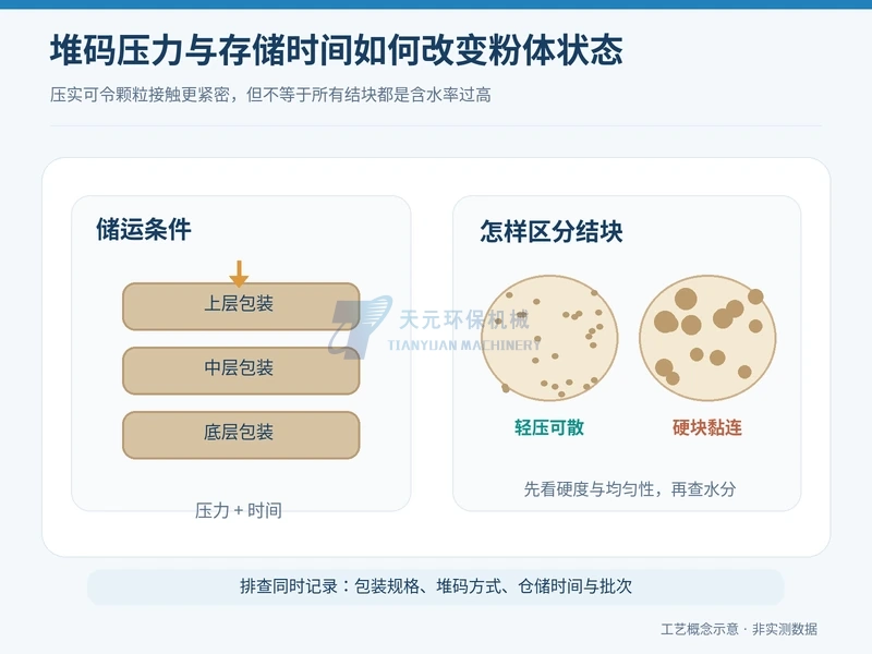 木粉包装堆码压力及松散团聚和硬块黏连的比较示意
