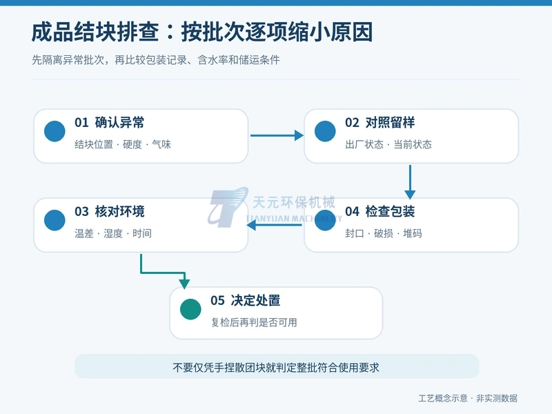 木粉成品结块按异常形态留样环境包装及复检逐项排查的流程示意