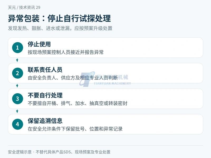 金属粉包装正常时按规程管理，遇发热鼓胀进水泄漏等异常时停止使用并启动专业处置